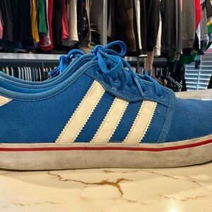 Adidas Men's Blue and White Sneakers with Red Accents